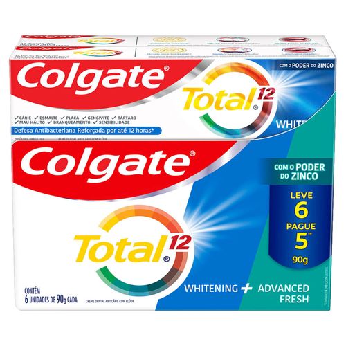 Kit Creme Dental Anticárie com Flúor Colgate Total 12 Whitening + Advanced Fresh 90g Cada Leve 6 Pague 5 Unidades