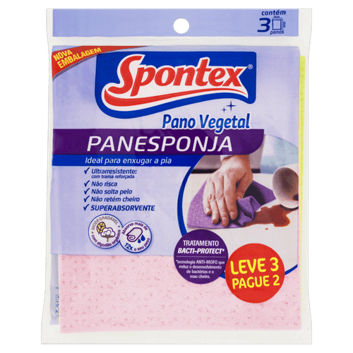 Pano para Pia Vegetal Panesponja Spontex 18cm x 20cm Leve 3 Pague 2 Unidades