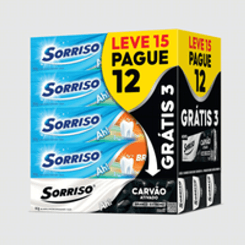 Kit 12 Cremes Dentais com Flúor e Cálcio Sorriso Dentes Brancos 90g Cada Grátis 3 Sorriso Carvão Ativado 60g Cada Leve 15 Pague 12 Unidades