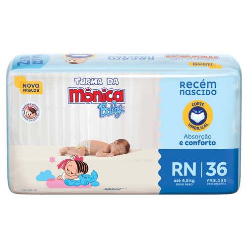 Fralda Descartável Turma da Mônica Baby RN até 4,5kg Pacote 36 Unidades