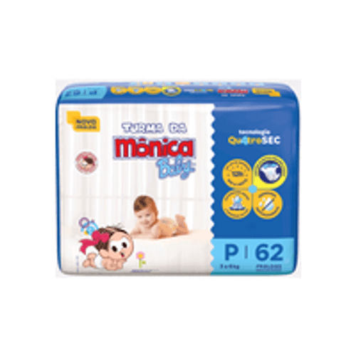Fralda Descartável Turma da Mônica Baby P 3 a 5kg Pacote 62 Unidades