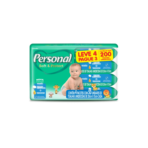 Lenços Umedecidos Personal Baby Soft & Protect Leve 4 Pague 3 com 4 pacotes com 50 lenços - total de 200 lenços