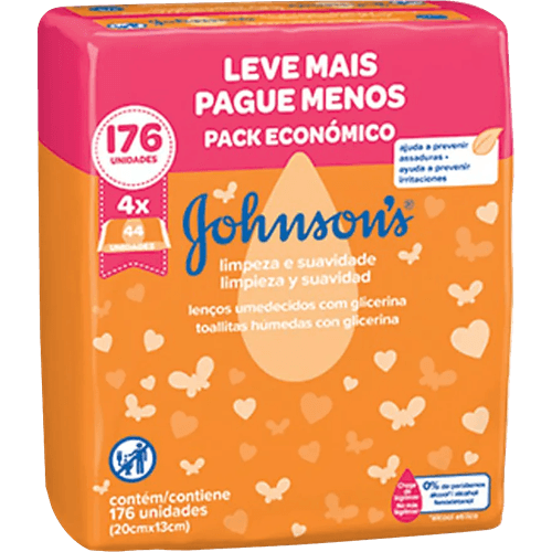 Toalha Umedecida Infantil Suave Johnson's Pacote 4 Unidades de 44 Cada Leve Mais Pague Menos
