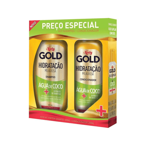 Kit Shampoo 275ml + Condicionador 175ml Niely Gold Hidratação Milagrosa Água de Coco + Extrato de Babosa