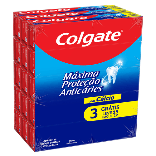 Creme Dental com Flúor e Cálcio Menta Refrescante Colgate Máxima Proteção Anticáries Caixa 180g Cada Leve 15 Pague 12 Unidades Preço Especial