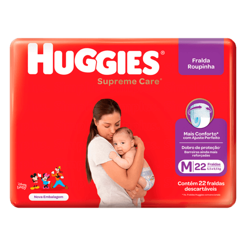 Fralda Descartável Infantil Roupinha Huggies Supreme Care M 5,5 a 9,5kg Pacote 22 Unidades