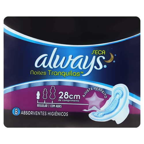 Absorvente com Abas Seca Always Noites Tranquilas Noturno Regular 28cm Pacote 8 Unidades