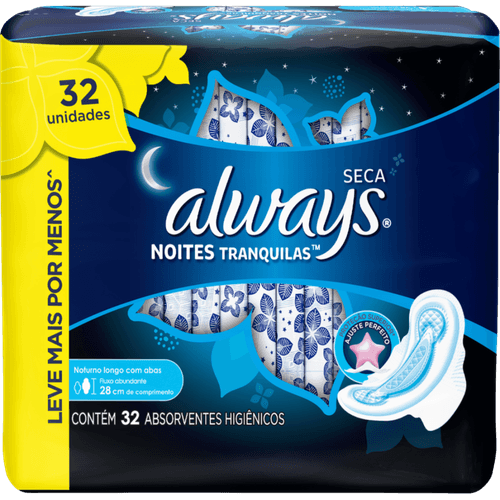 Absorvente com Abas Seca Always Noturno Pacote 32 Unidades Grátis 4 Absorventes