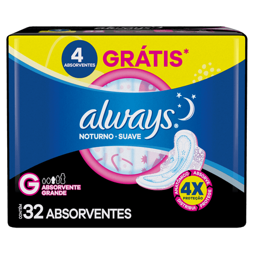 Absorvente com Abas Suave Always Noturno Grande Pacote 32 Unidades Grátis 4 Absorventes