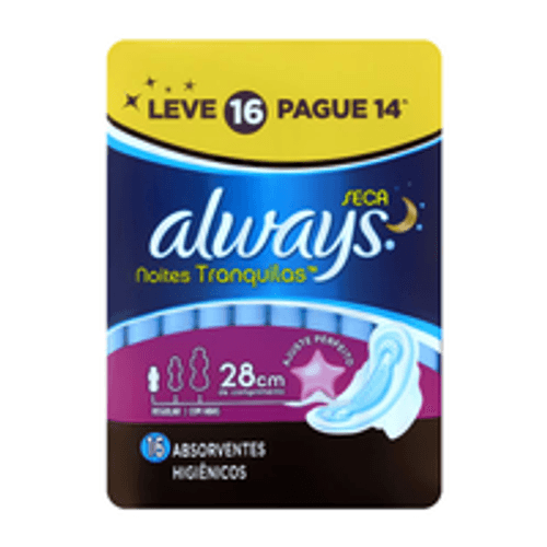 Absorvente com Abas Seca Always Noturno G Pacote 16 Unidades Grátis 2 Absorventes