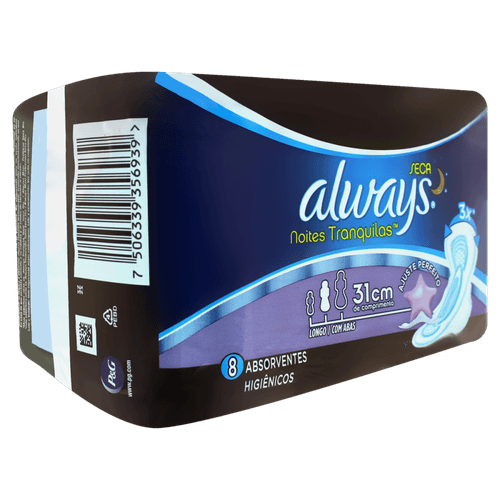 Absorvente com Abas Seca Always Noites Tranquilas Noturno Longo 31cm Pacote 8 Unidades