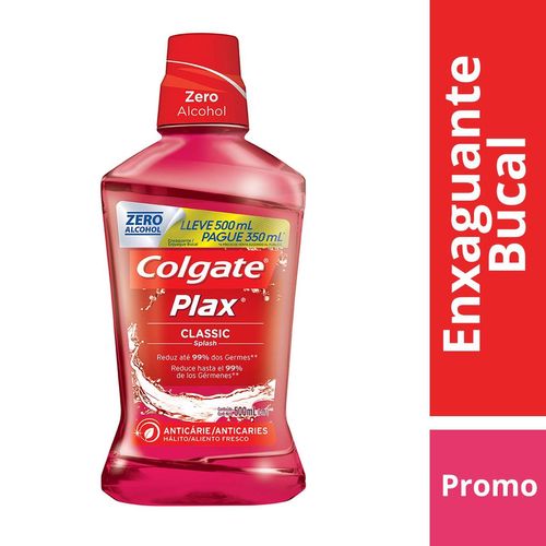 Enxaguante Bucal Anticárie Zero Álcool Classic Splash Colgate Plax Frasco Leve 500ml Pague 350ml