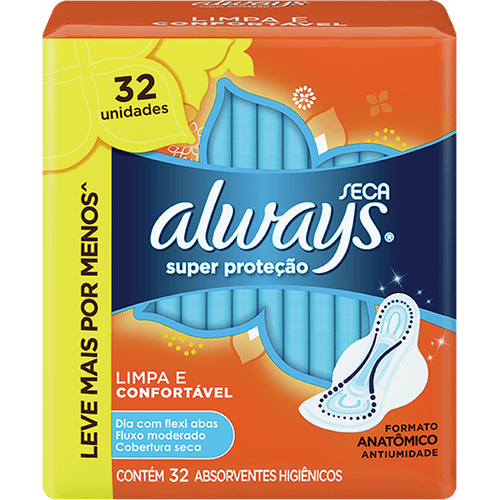 Absorvente com Abas Seca Always Pequeno Pacote 32 Unidades Grátis 4 Absorventes