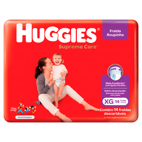 Fralda Descartável Infantil Roupinha Disney Baby Huggies Supreme Care XG 12 a 15kg Pacote 14 Unidades
