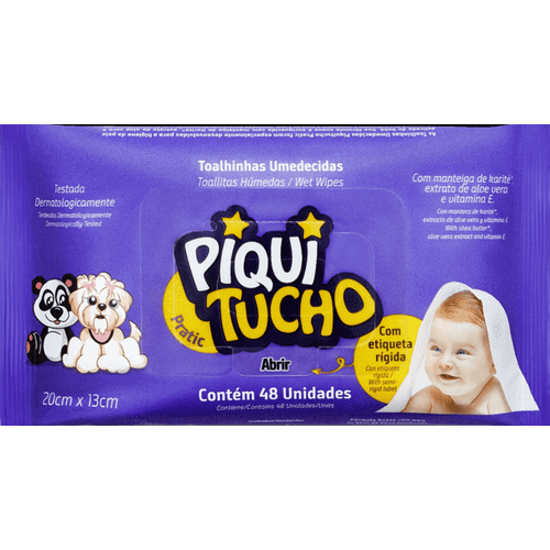 Toalha Umedecida Infantil com Aloe Vera e Vitamina E Piquitucho Pratic Pacote 48 Unidades