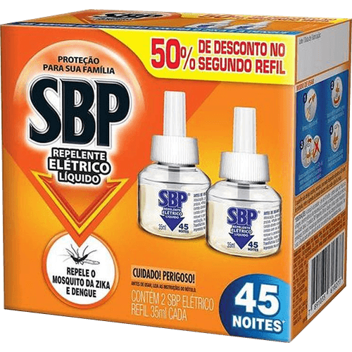 Repelente Elétrico Líquido SBP 45 Noites Cheiro Suave com 2 unidades de 32.9ml