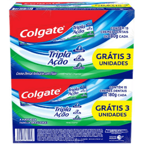 creme dental menta original colgate tripla ação caixa 15 unidades 180g cada grátis 3 unidades