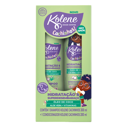 KIT KOLENE SHAMPOO 300ML + CONDICIONADOR 200ML CACHINHOS HIDRATAÇÃO & SUPERDESEMBARAÇO OLEO DE COCO ALOE VERA + VITAMINAS.