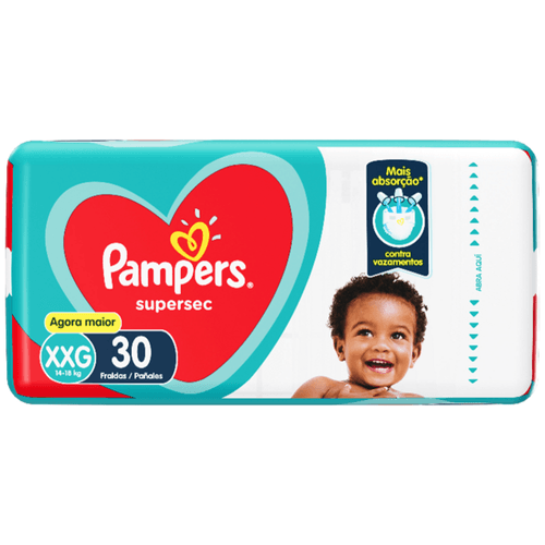 Fralda Descartável Infantil Pampers Supersec XXG 14 a 18kg Pacote 30 Unidades