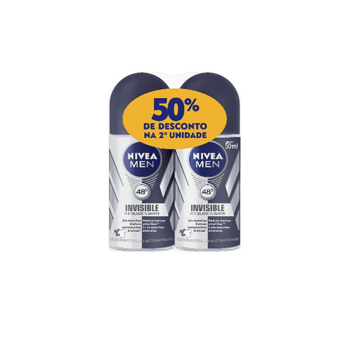 antitranspirante roll-on invisible black & white nivea men 2 unidades 50ml cada grátis 50% de desconto na 2ª unidade
